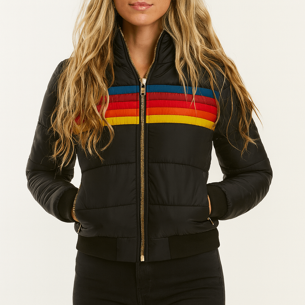 Sophia | Womens Retro Striped Zip Up Puffer Rain Jacket