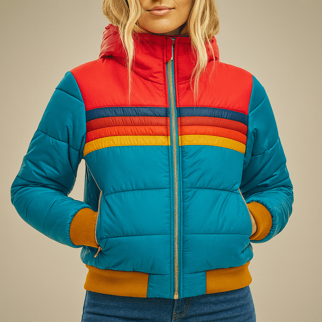 Sophia | Womens Retro Striped Zip Up Puffer Rain Jacket