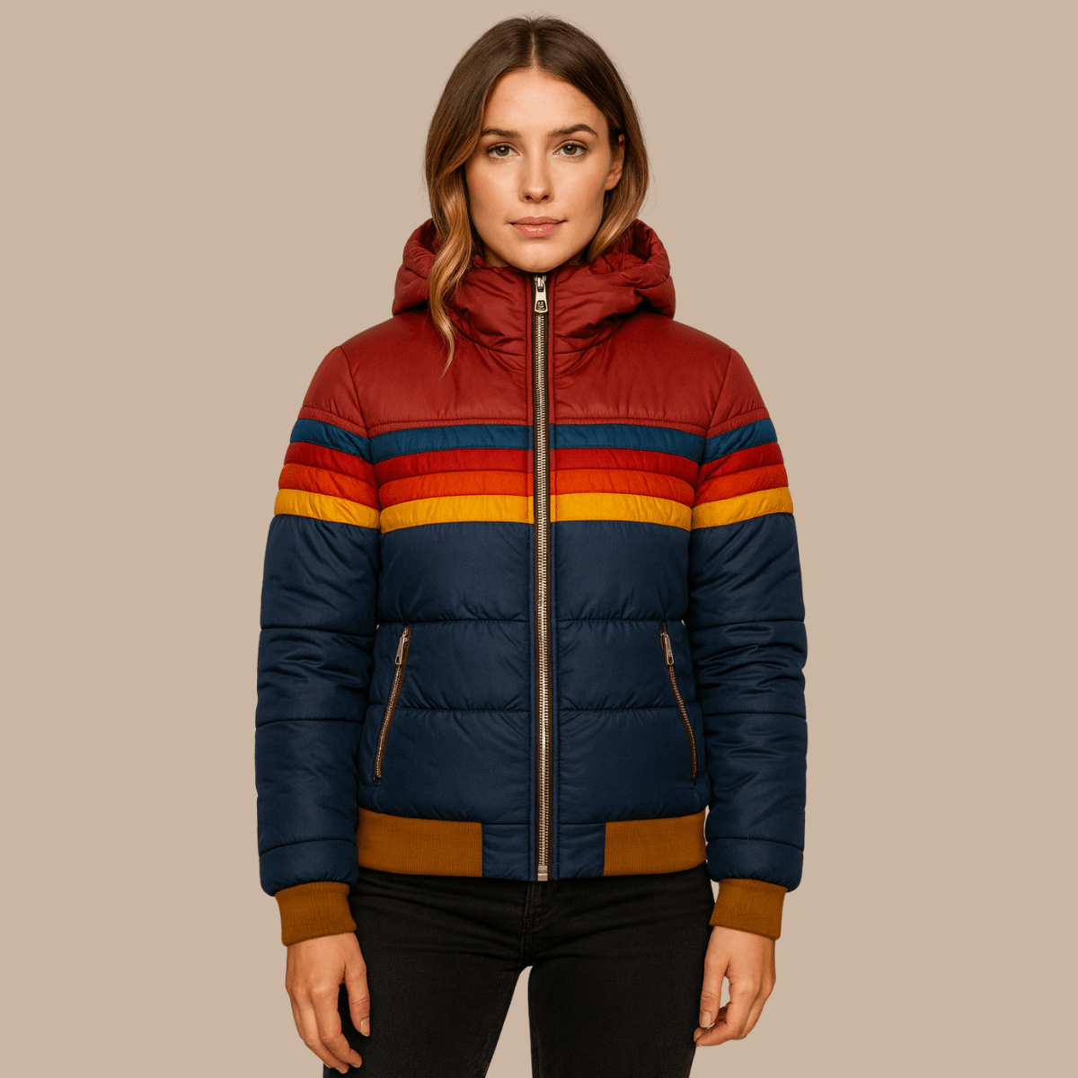 Sophia | Womens Retro Striped Zip Up Puffer Rain Jacket