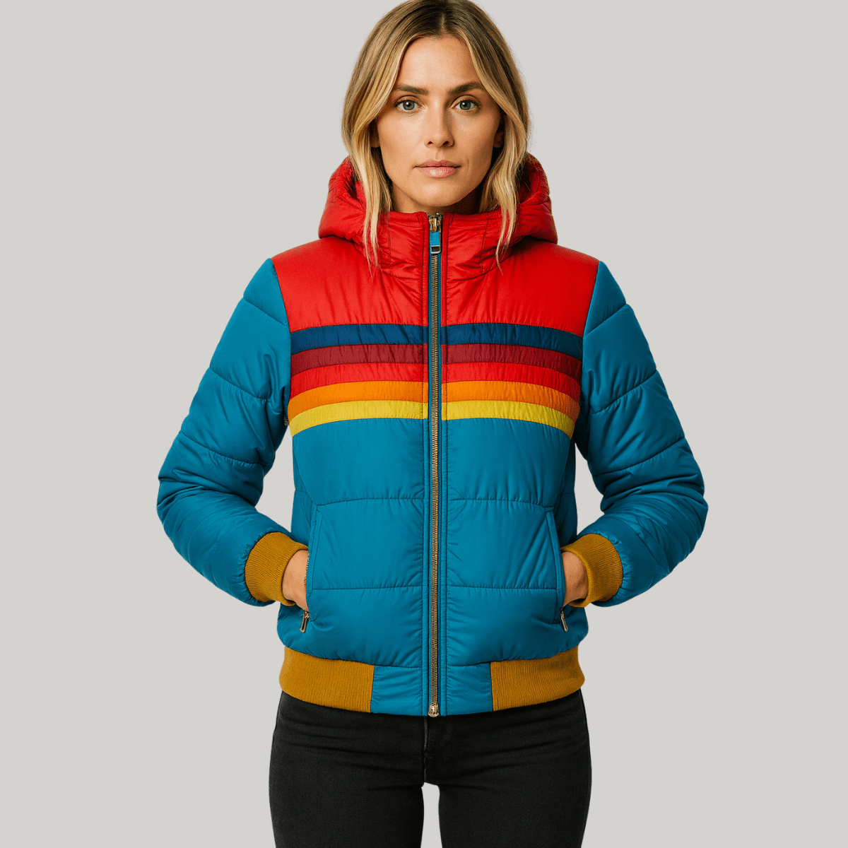 Sophia | Womens Retro Striped Zip Up Puffer Rain Jacket