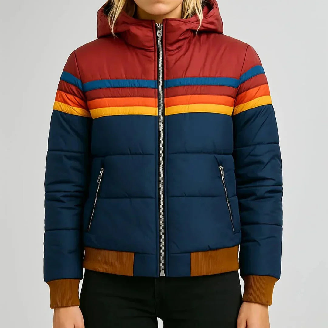 Sophia | Womens Retro Striped Zip Up Puffer Rain Jacket