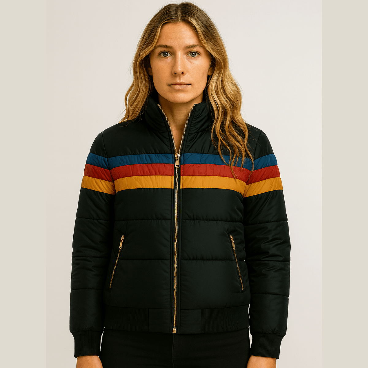 Sophia | Womens Retro Striped Zip Up Puffer Rain Jacket