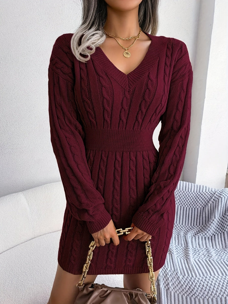 Thessvine | Women's Peplum Waist Cable Knit Sweater Dress