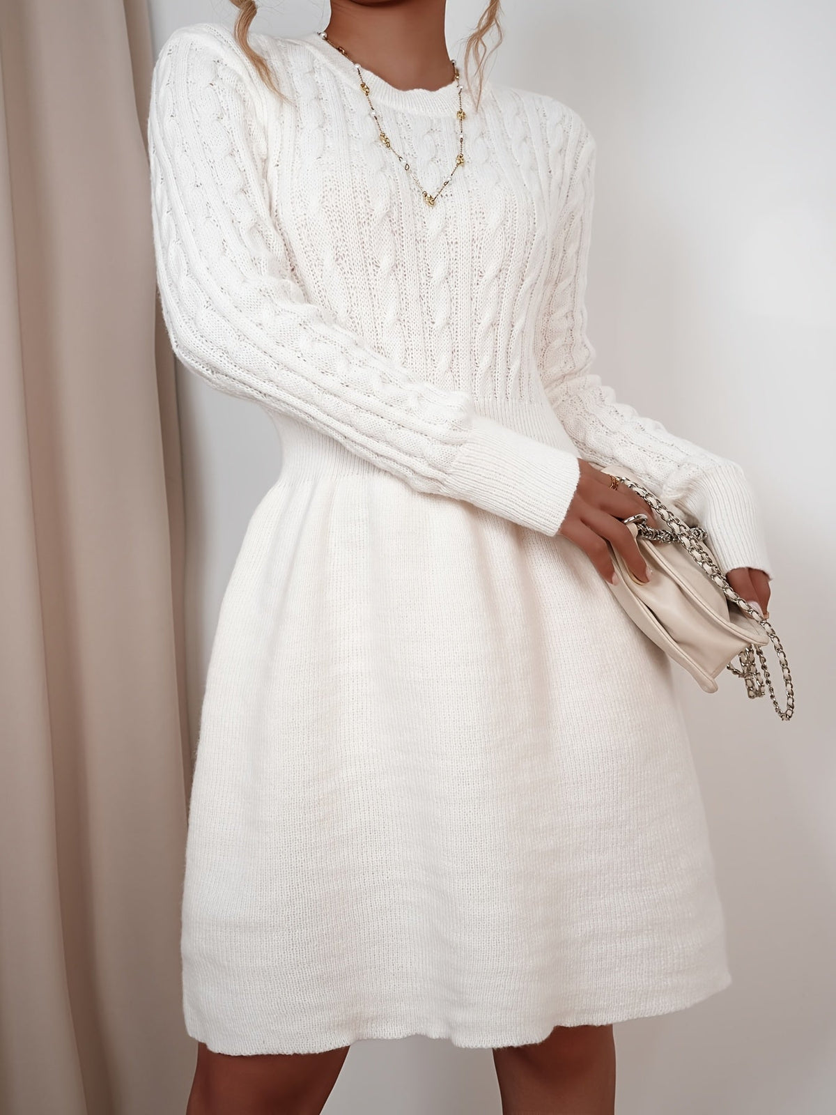 Velda | Women's Ribbed Waist A-Line Cable Knit Sweater Dress