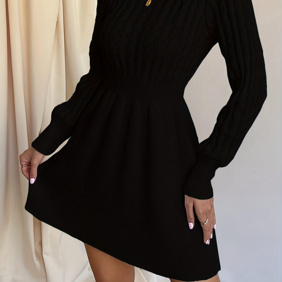 Velda | Women's Ribbed Waist A-Line Cable Knit Sweater Dress
