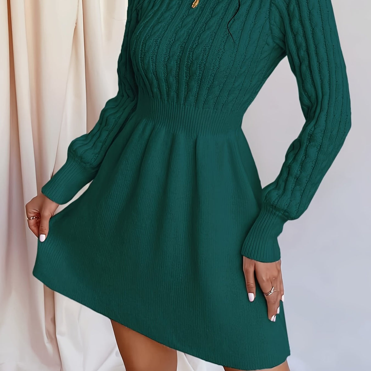 Velda | Women's Ribbed Waist A-Line Cable Knit Sweater Dress