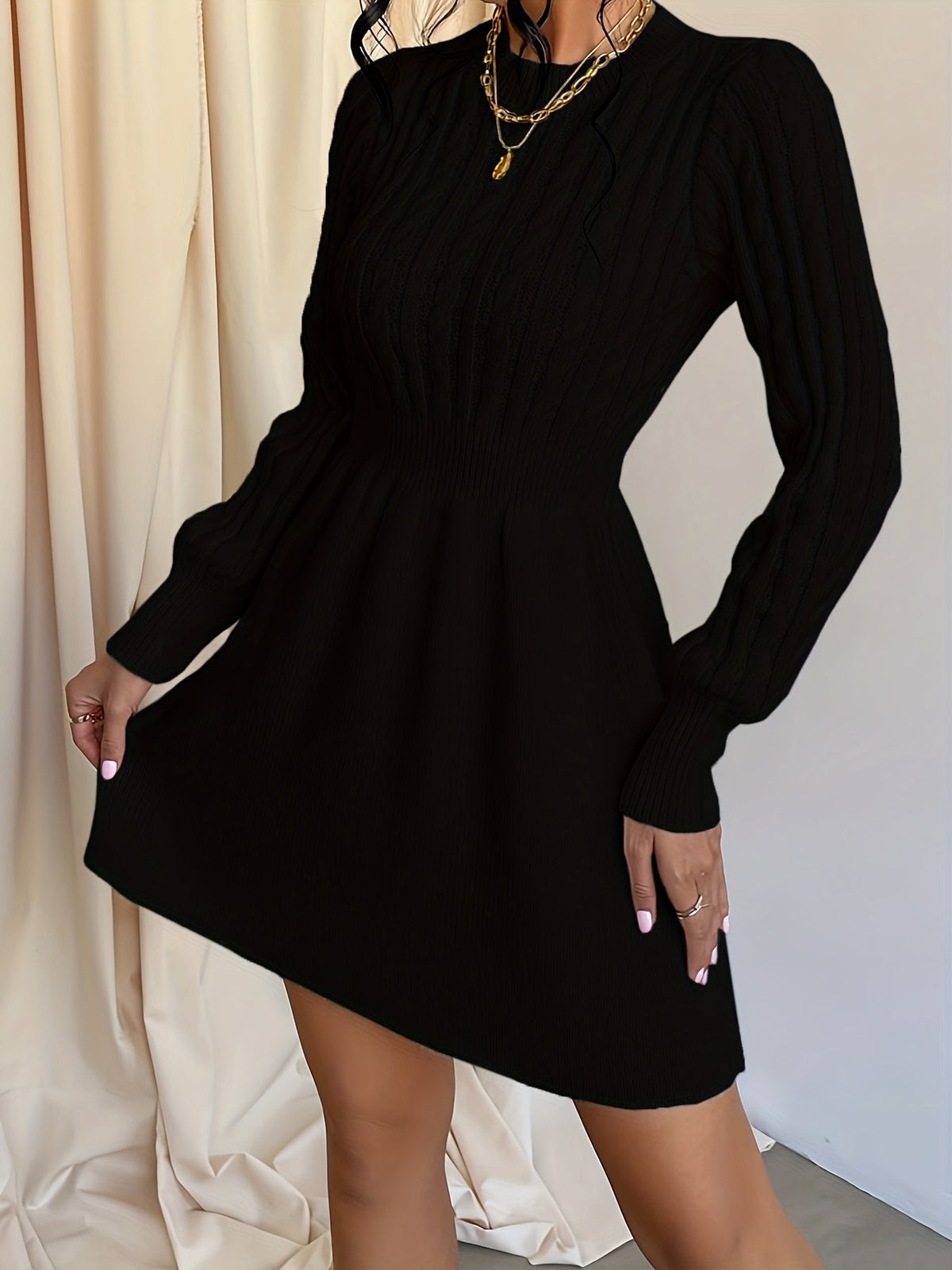 Velda | Women's Ribbed Waist A-Line Cable Knit Sweater Dress