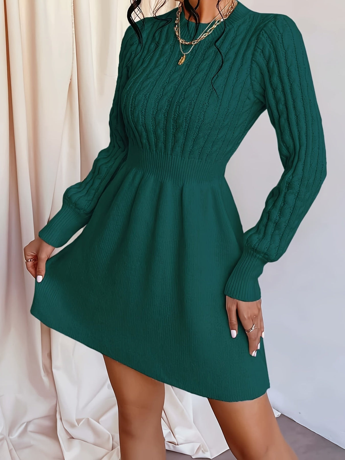 Velda | Women's Ribbed Waist A-Line Cable Knit Sweater Dress