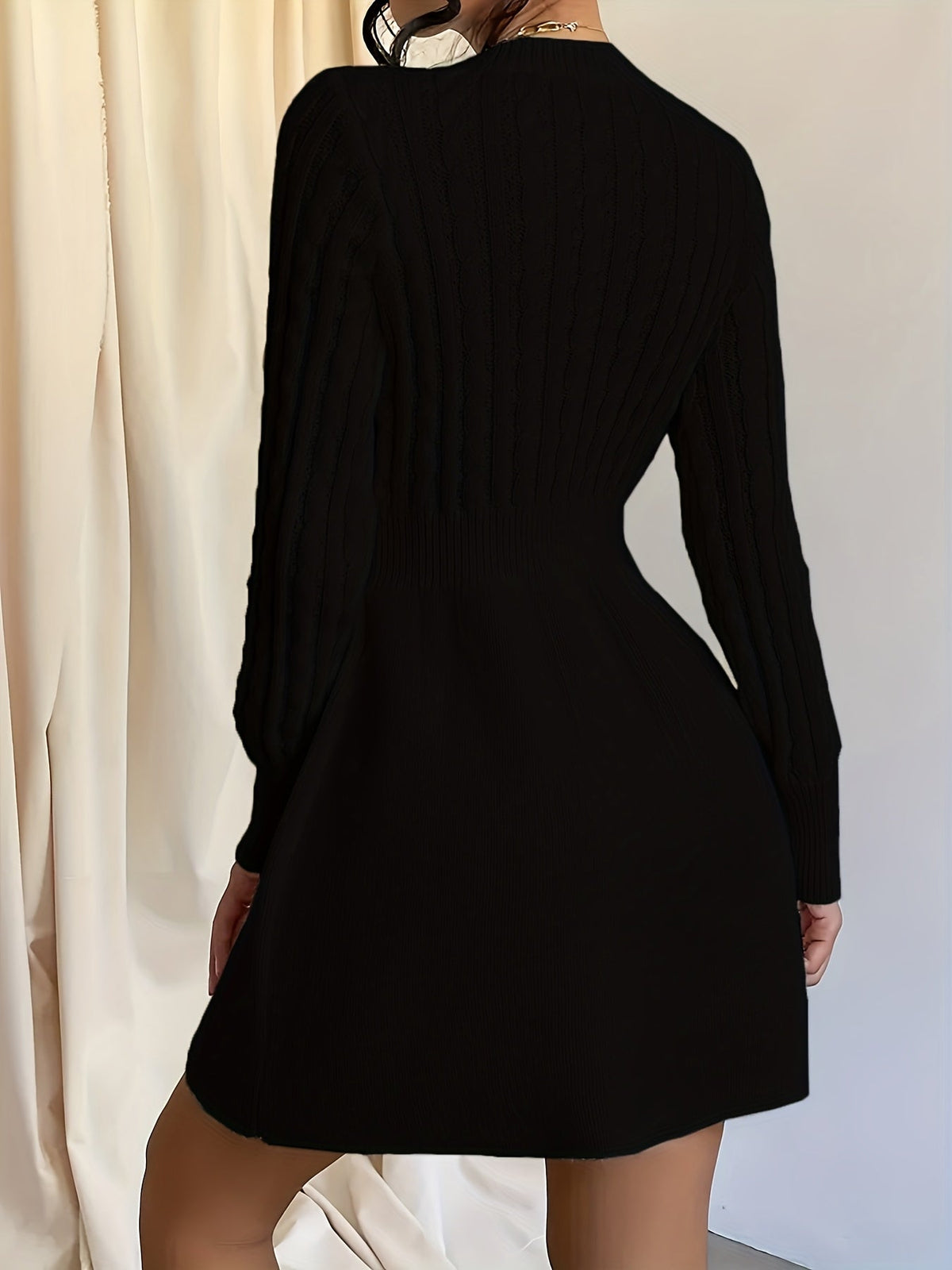Velda | Women's Ribbed Waist A-Line Cable Knit Sweater Dress