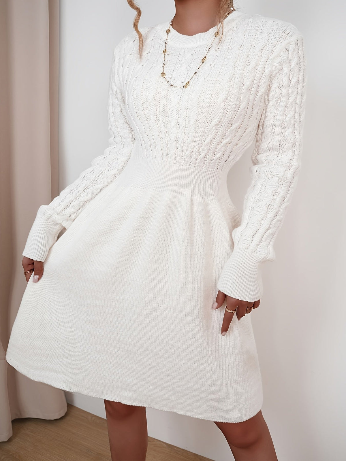 Velda | Women's Ribbed Waist A-Line Cable Knit Sweater Dress