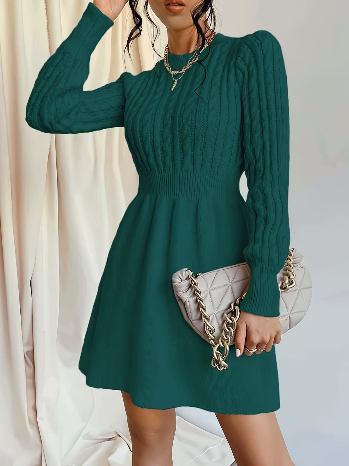 Velda | Women's Ribbed Waist A-Line Cable Knit Sweater Dress