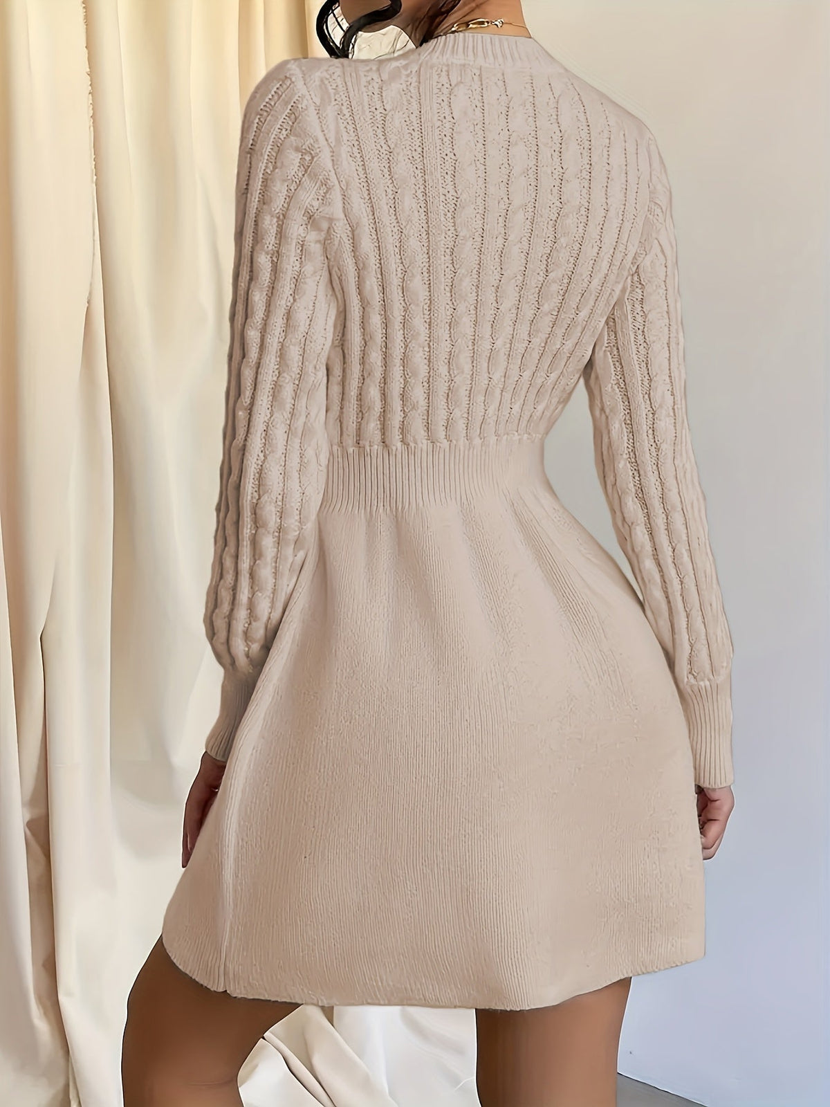 Velda | Women's Ribbed Waist A-Line Cable Knit Sweater Dress