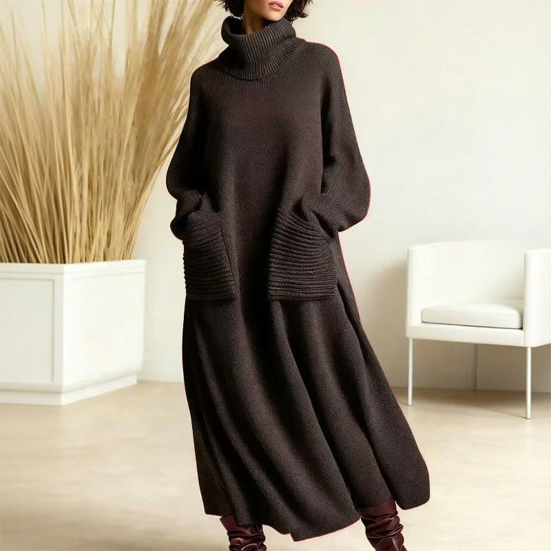 Velwyn | Women's Turtleneck Pocket Midi Sweater Dress