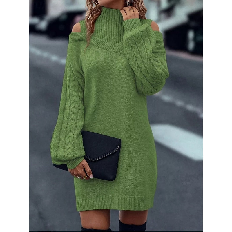 Vexara | Women's Cold-Shoulder Cable Knit Turtleneck Sweater Dress
