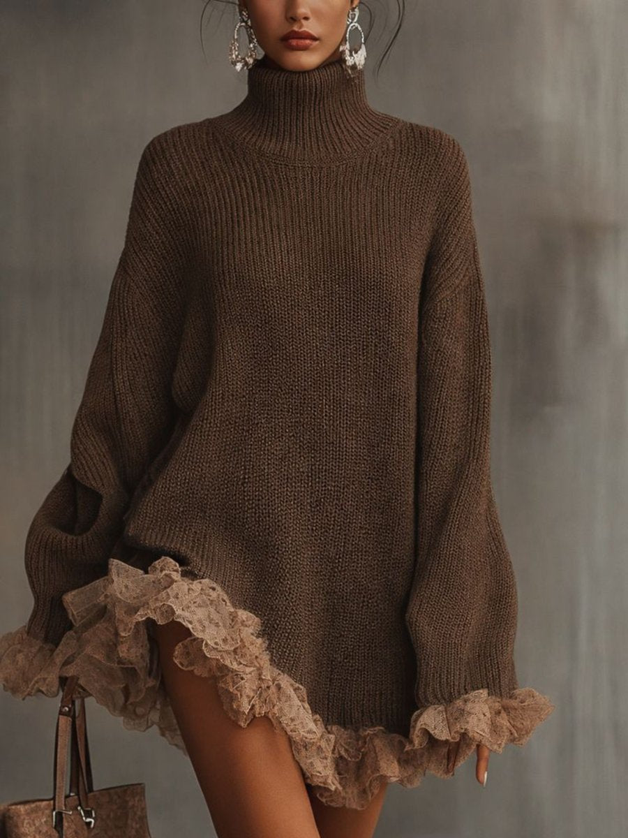 Vexlyn | Women's Oversized Turtleneck Lace Ruffle Hem Sweater Dress