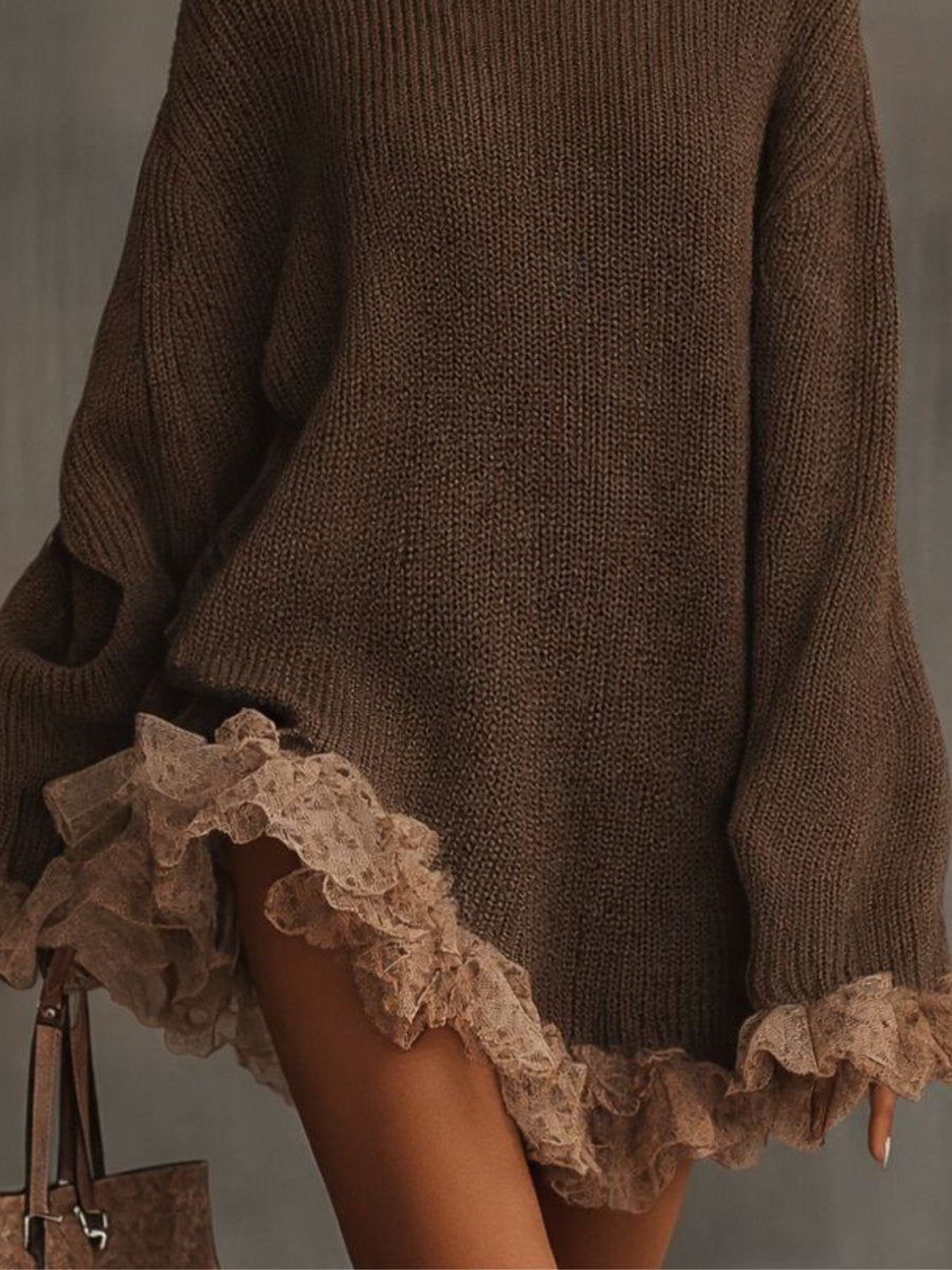 Vexlyn | Women's Oversized Turtleneck Lace Ruffle Hem Sweater Dress
