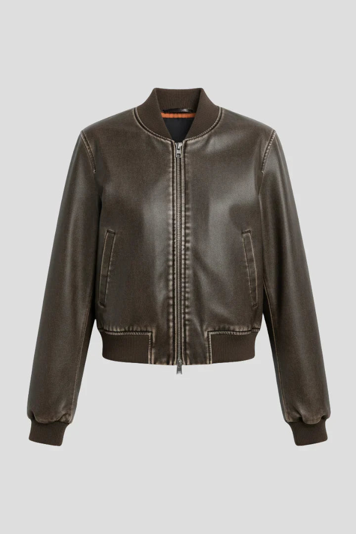 Beatrix | Collared Leather Bomber Jacket