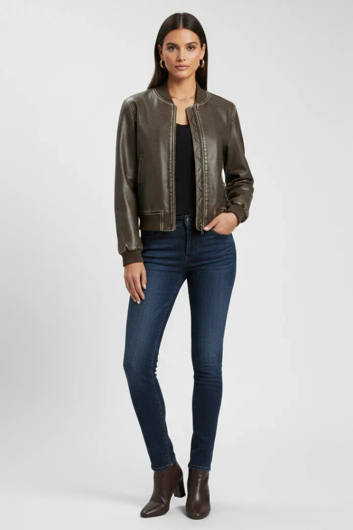 Beatrix | Collared Leather Bomber Jacket