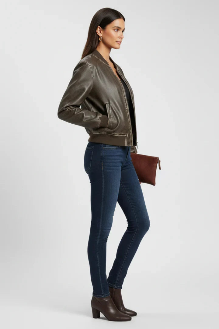 Beatrix | Collared Leather Bomber Jacket
