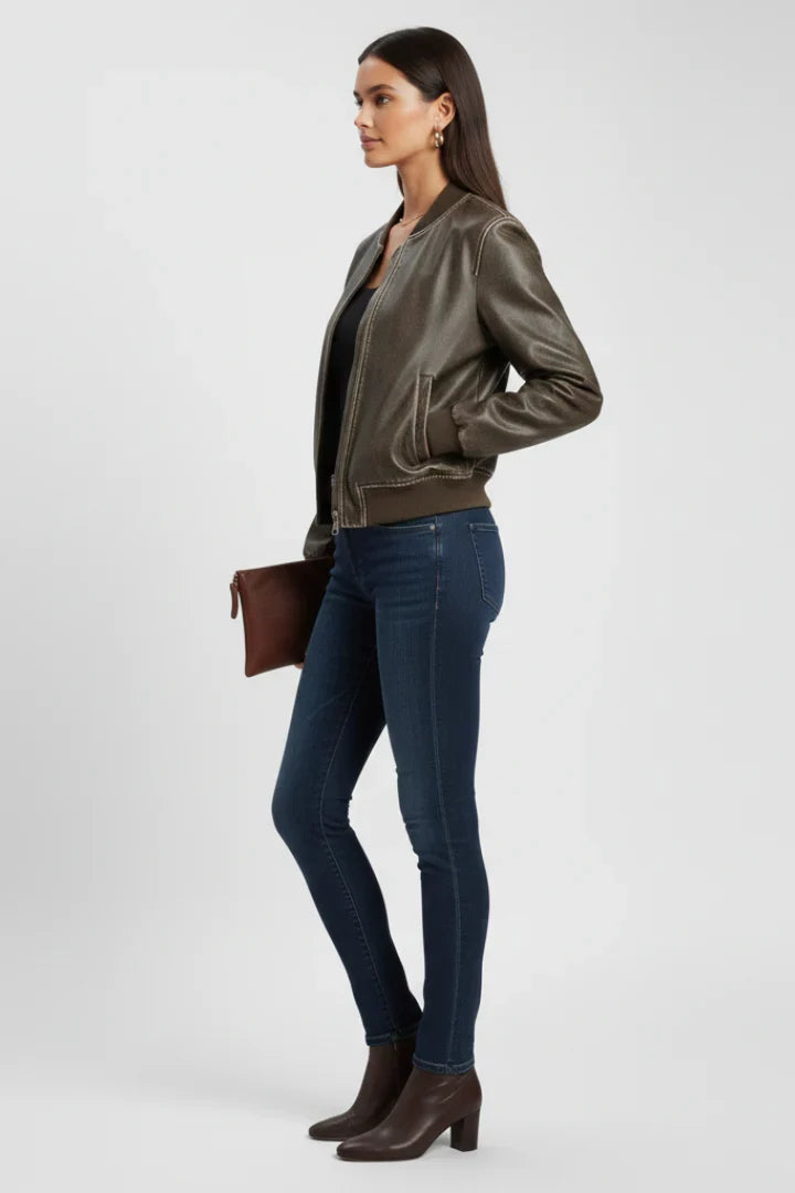 Beatrix | Collared Leather Bomber Jacket