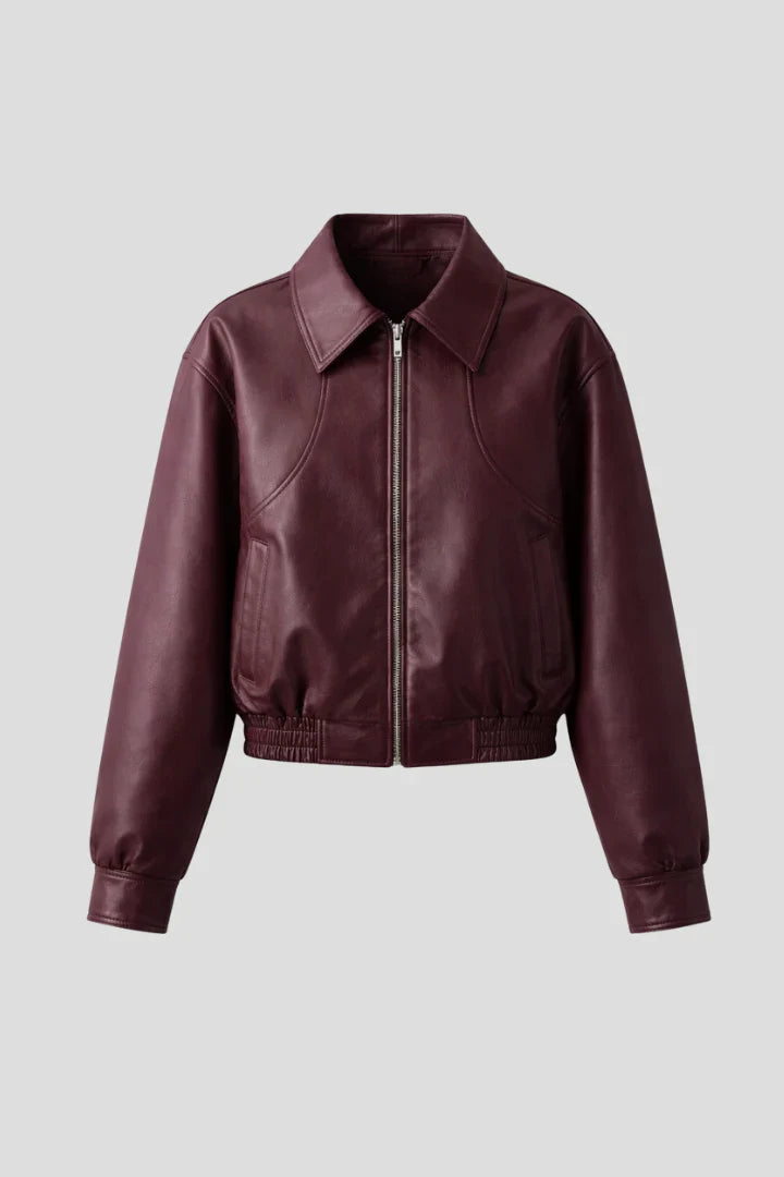Simone | Elastic Hem Leather Bomber Jacket