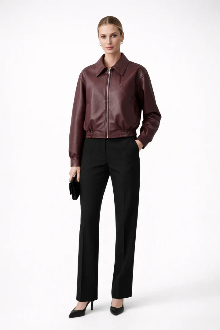 Simone | Elastic Hem Leather Bomber Jacket