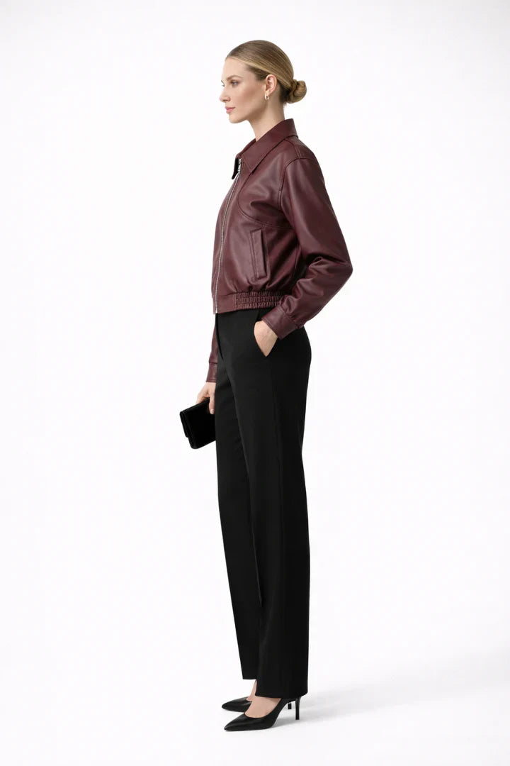 Simone | Elastic Hem Leather Bomber Jacket