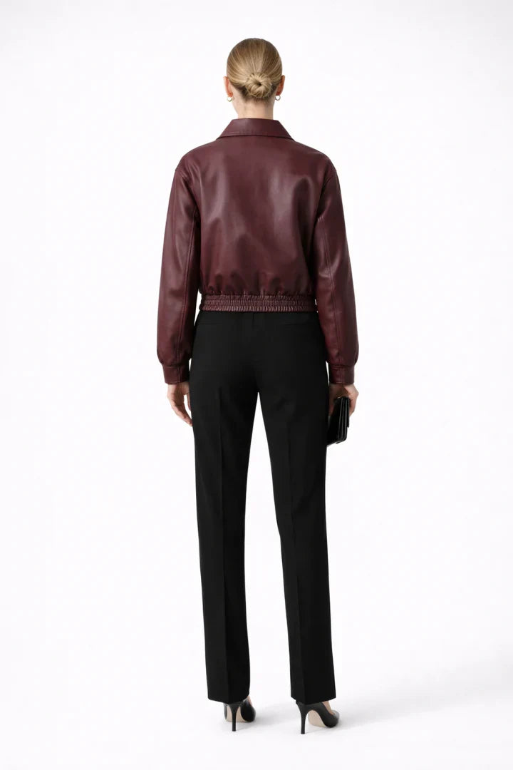 Simone | Elastic Hem Leather Bomber Jacket