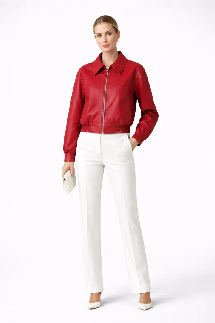 Simone | Elastic Hem Leather Bomber Jacket