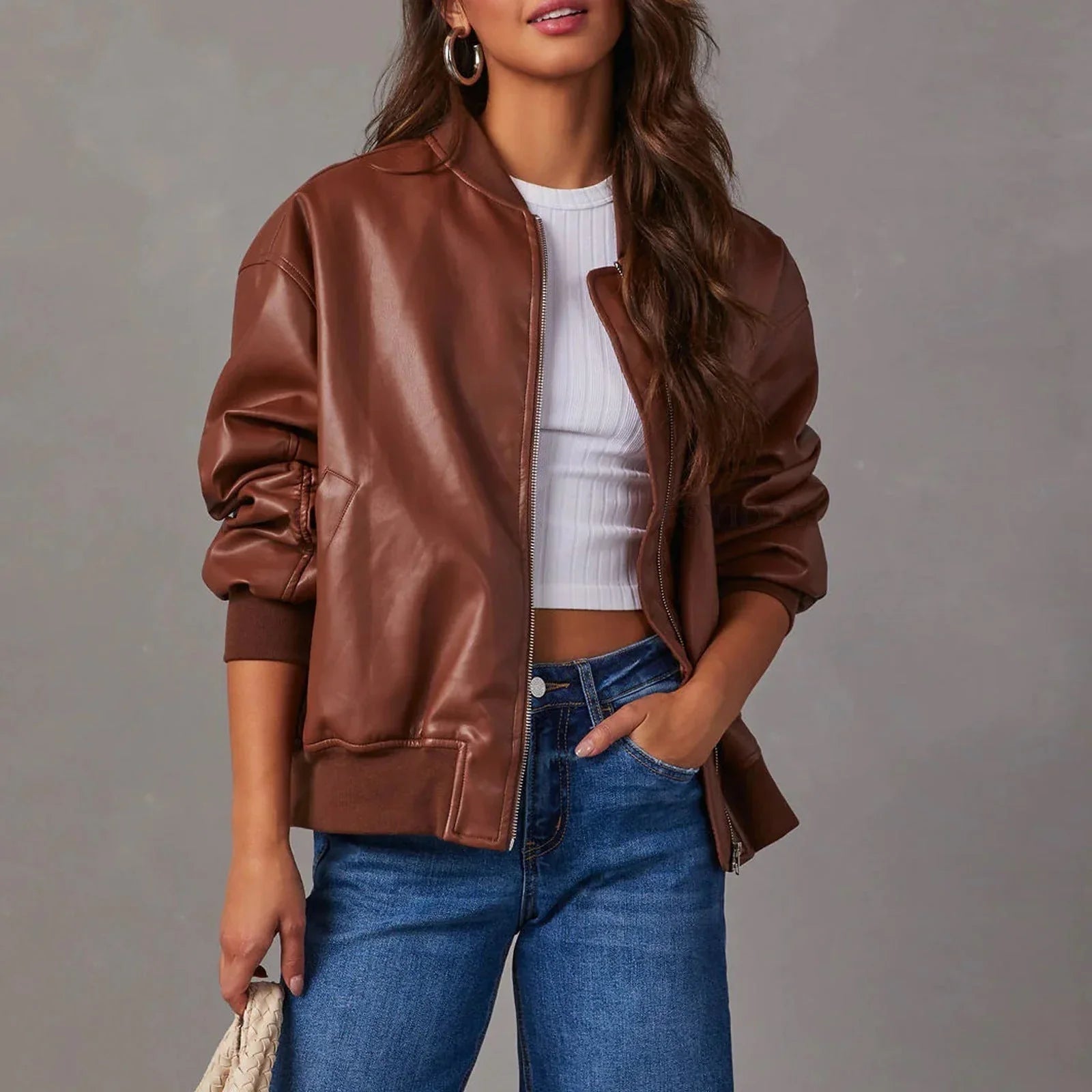 Elise | Ribbed Cuff Leather Bomber Jacket