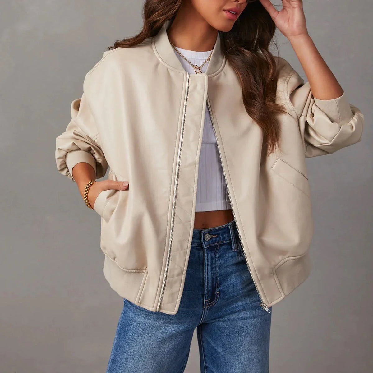Elise | Ribbed Cuff Leather Bomber Jacket