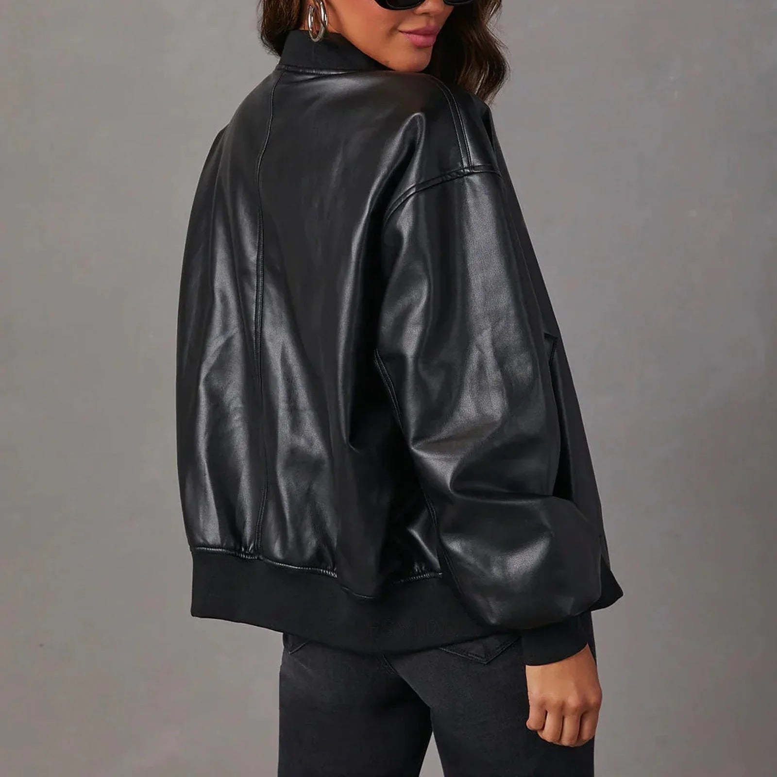 Elise | Ribbed Cuff Leather Bomber Jacket