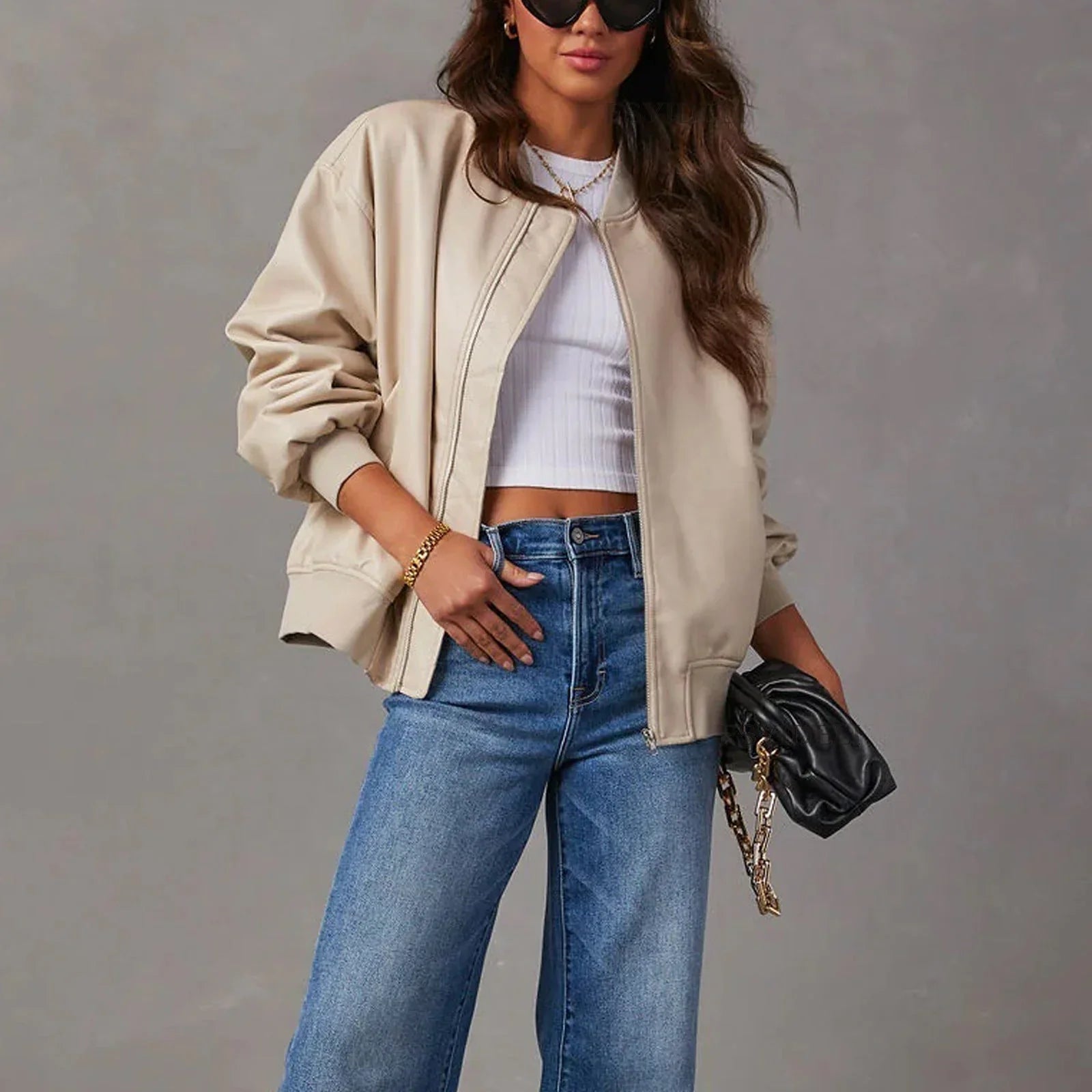 Elise | Ribbed Cuff Leather Bomber Jacket