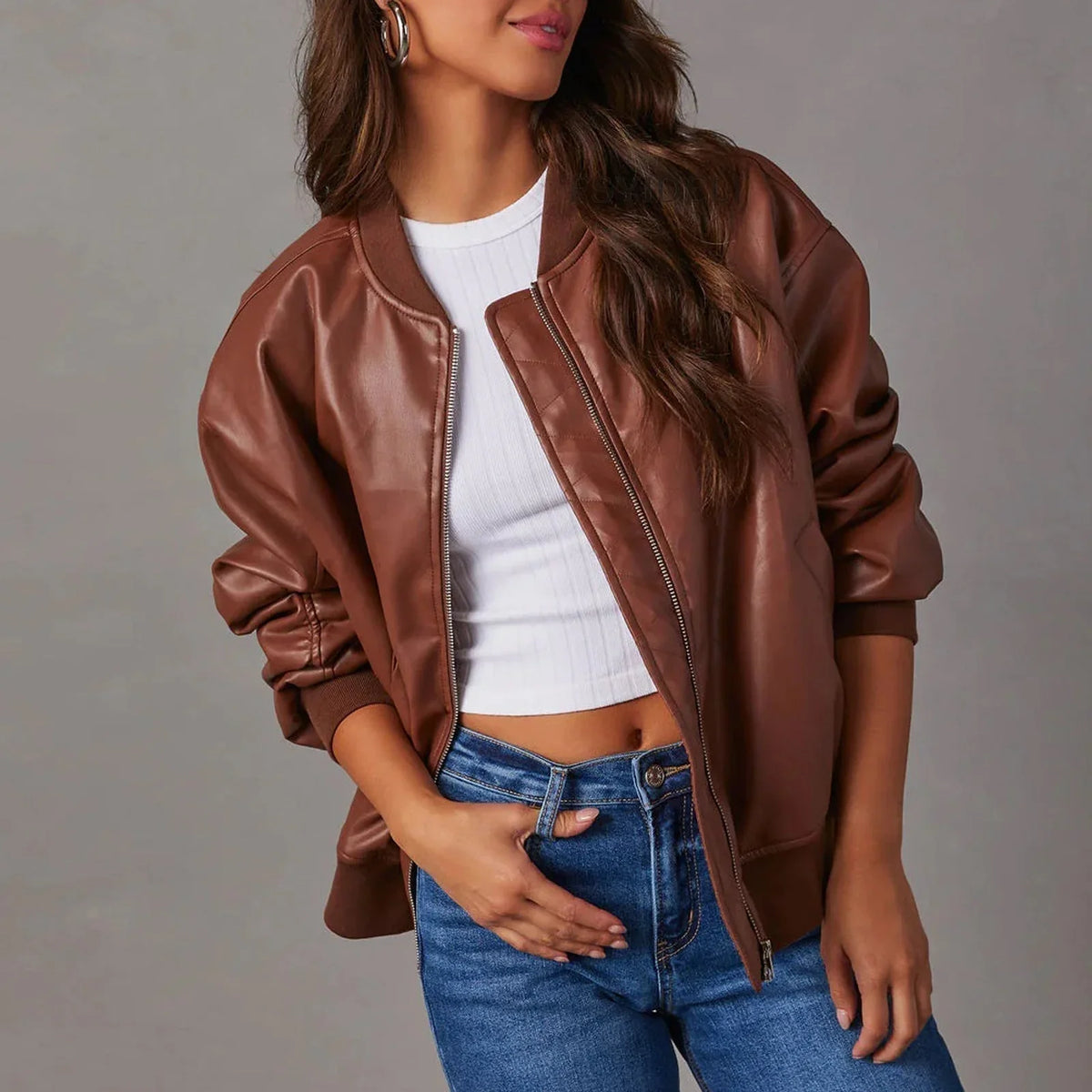 Elise | Ribbed Cuff Leather Bomber Jacket