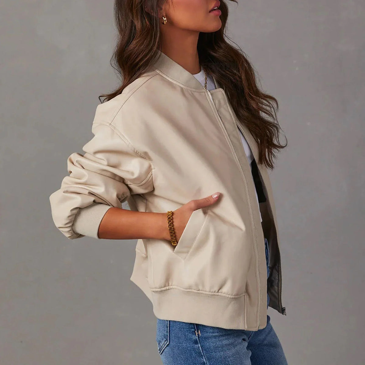Elise | Ribbed Cuff Leather Bomber Jacket