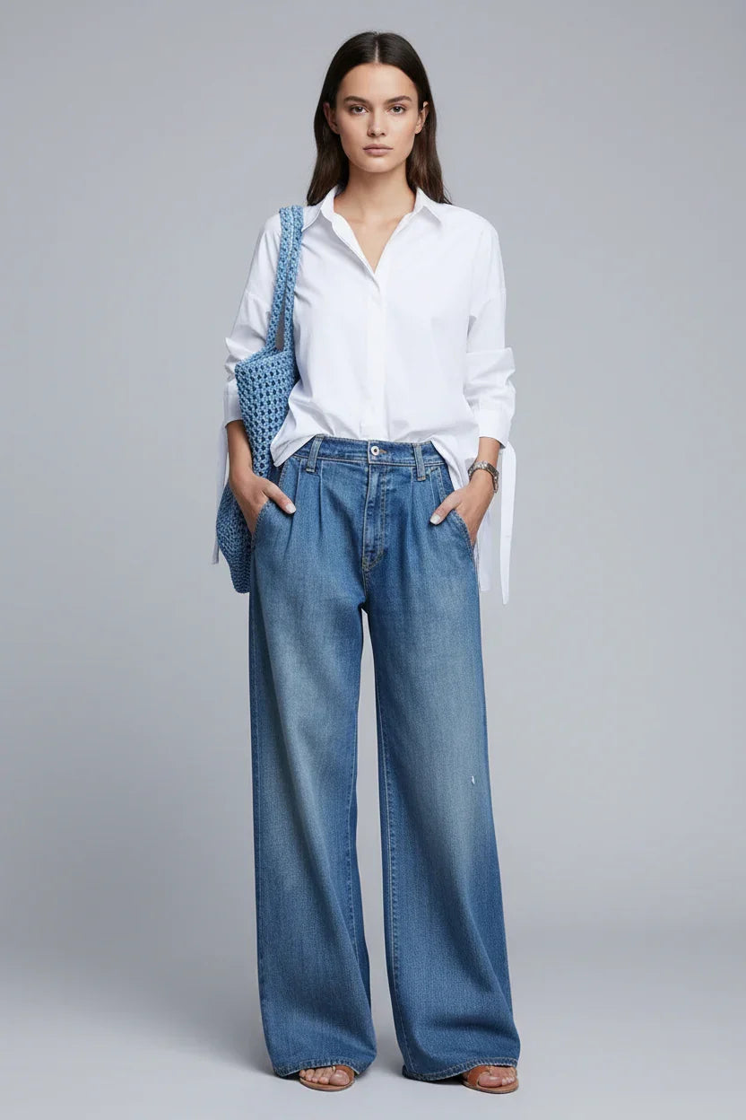 Solene | Women's Pleated Wide Leg Jeans