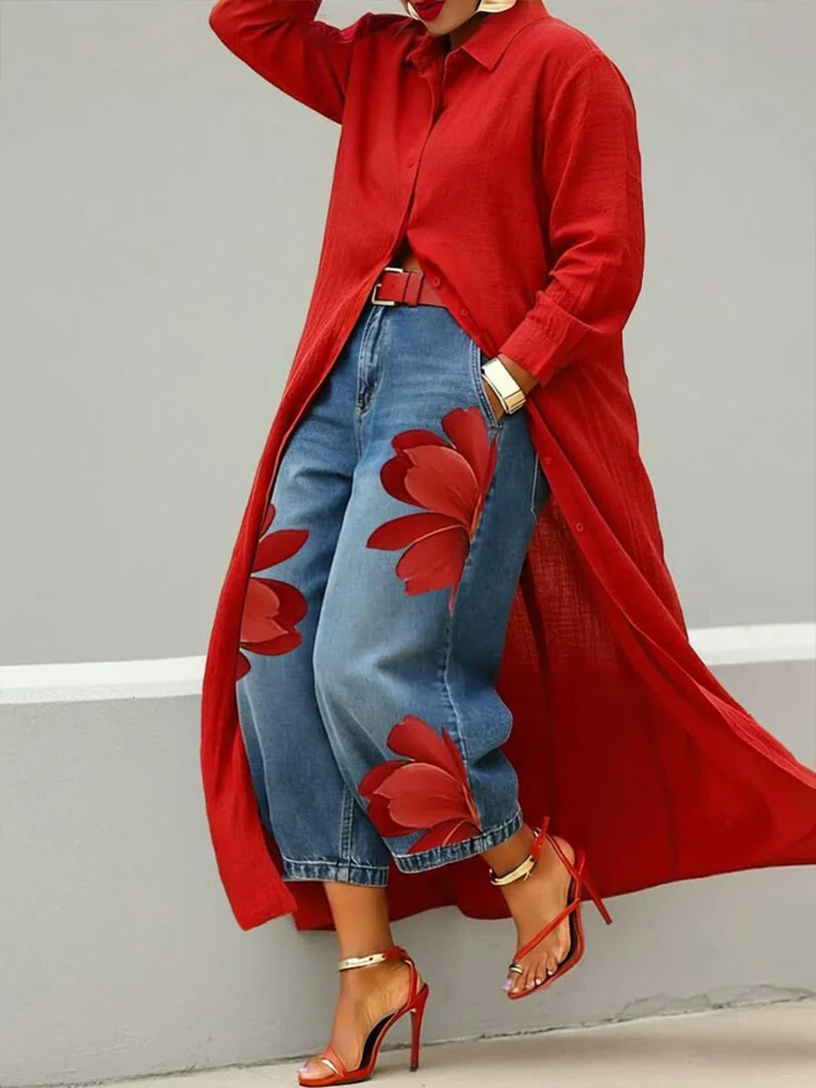 Marigold | Women's Floral Print Wide Leg Jeans