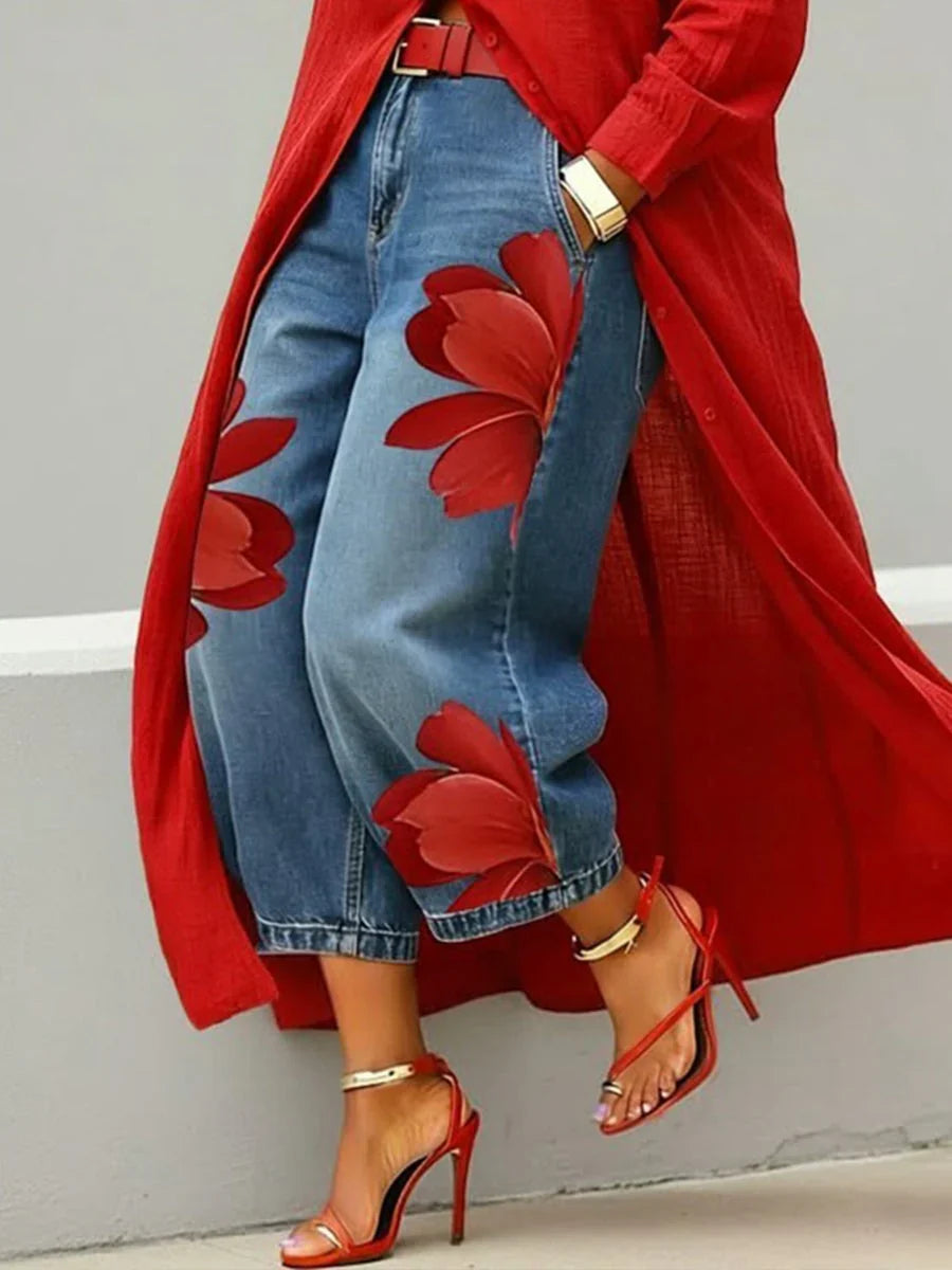 Marigold | Women's Floral Print Wide Leg Jeans
