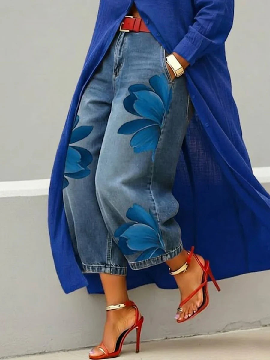 Marigold | Women's Floral Print Wide Leg Jeans