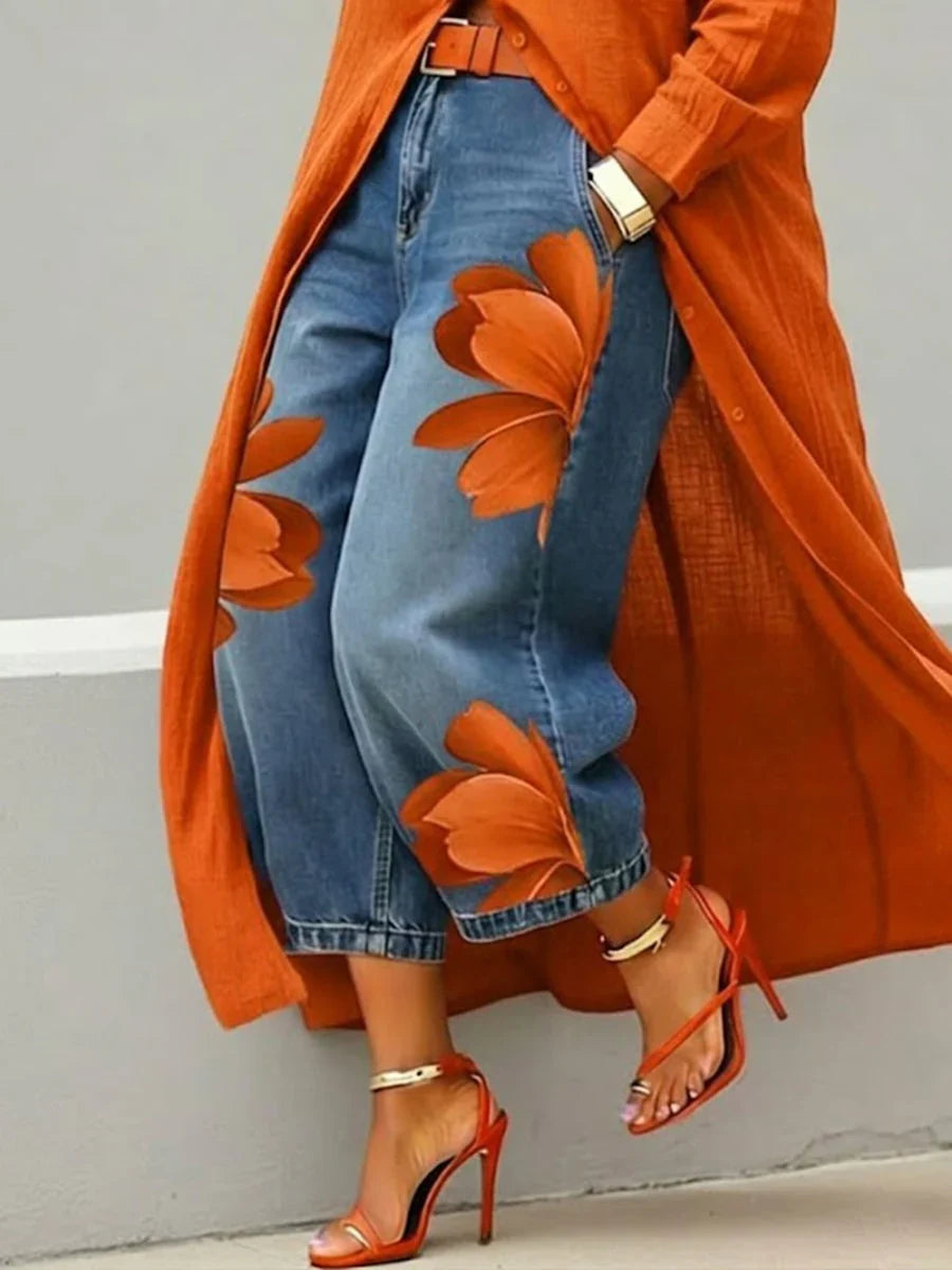 Marigold | Women's Floral Print Wide Leg Jeans
