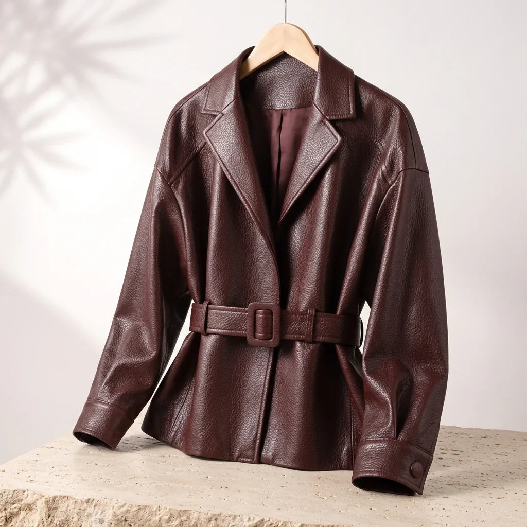 Camille | Belted Lapel Leather Jacket