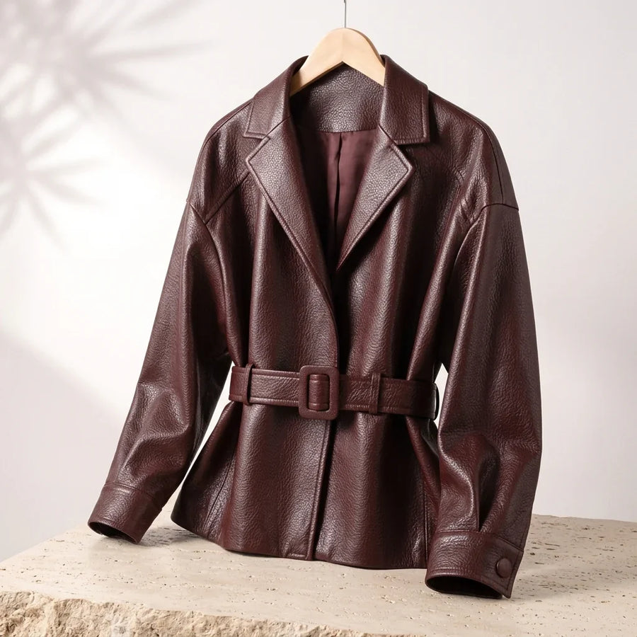 Camille | Belted Lapel Leather Jacket