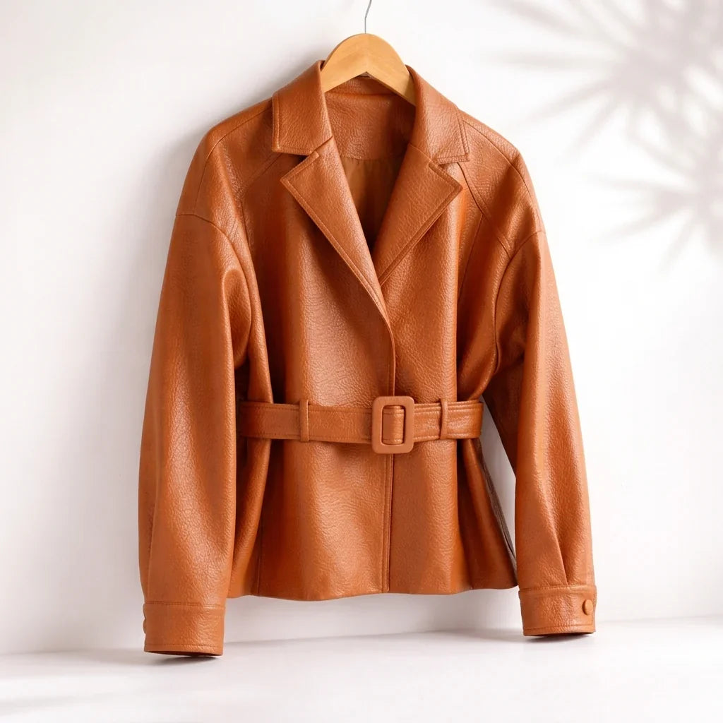 Camille | Belted Lapel Leather Jacket