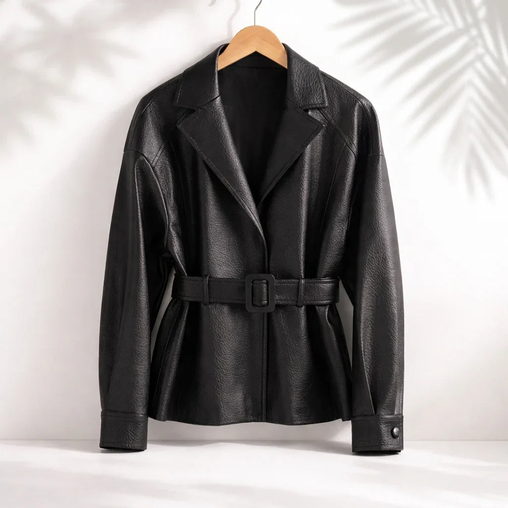 Camille | Belted Lapel Leather Jacket