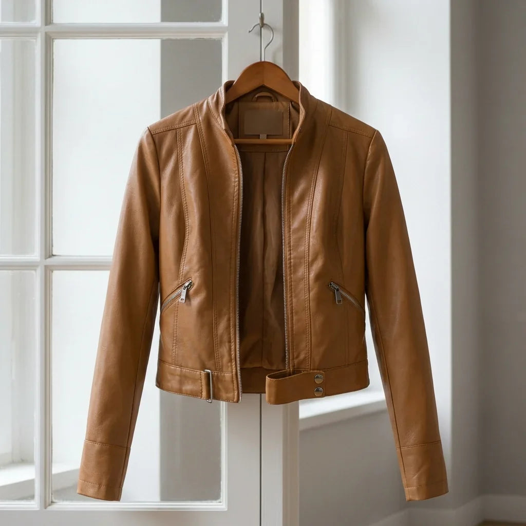 Ines | High Collar Moto Leather Jacket