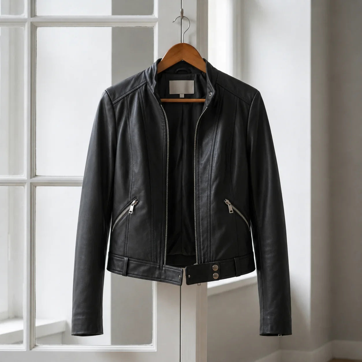 Ines | High Collar Moto Leather Jacket