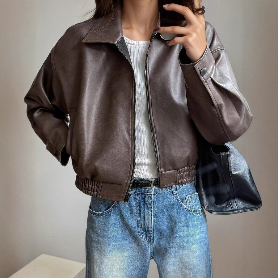 Scarlett | Women's Faux Leather Bomber Jacket Zip-Up Long Sleeve