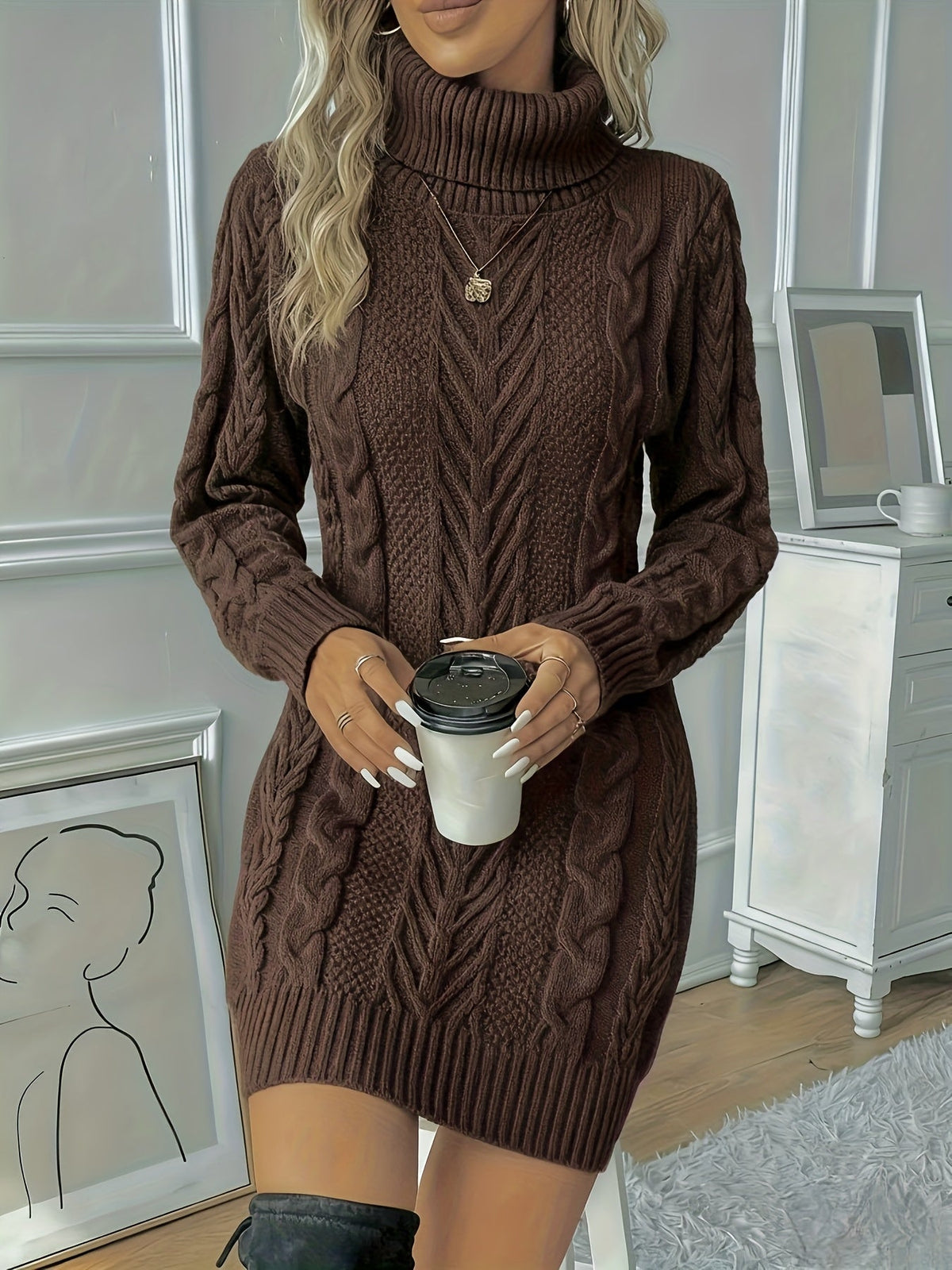 Dagny | Women's Chunky Cable Knit Turtleneck Sweater Dress
