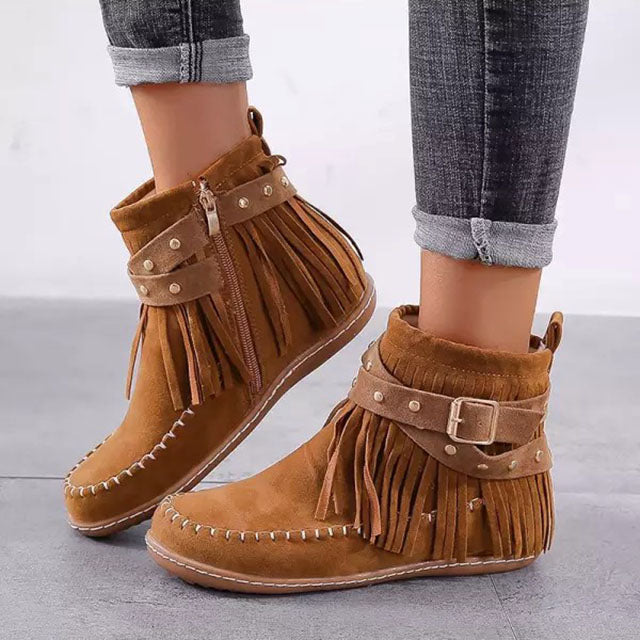 Amelia | Women's Suede Fringe Flat Ankle Boots