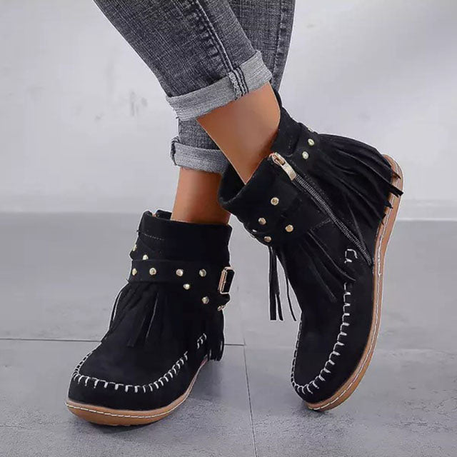 Amelia | Women's Suede Fringe Flat Ankle Boots